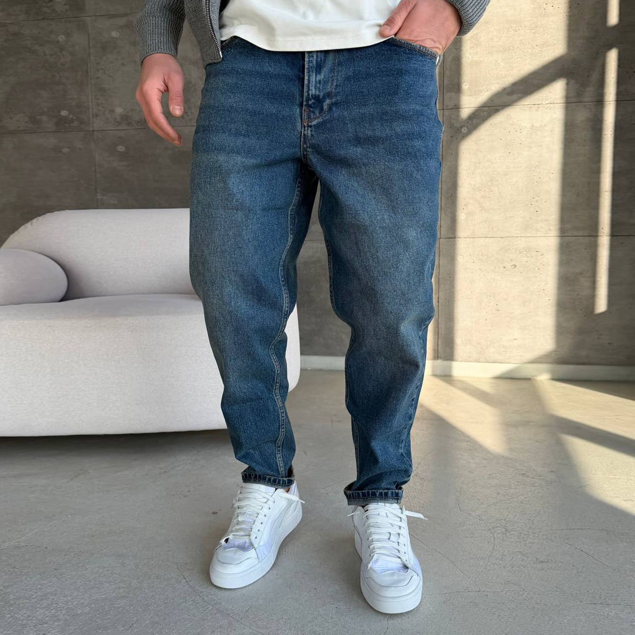 Джинси Mom з жовтою потертістю, сині 3078-2