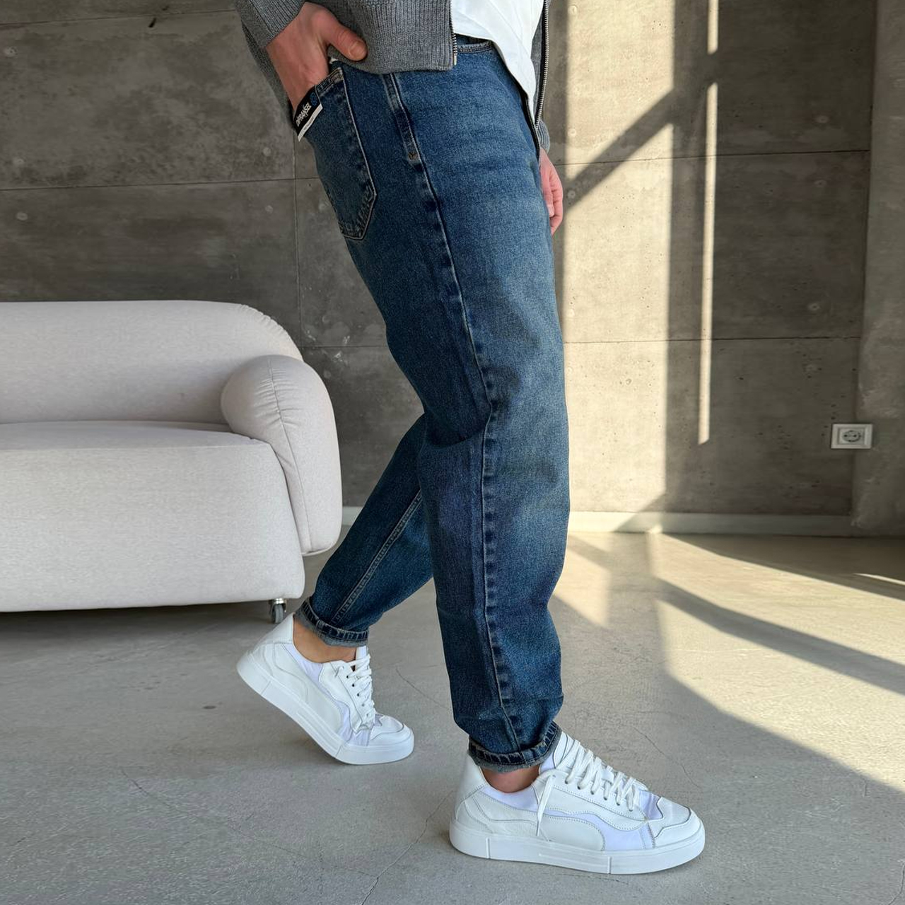 Джинси Mom з жовтою потертістю, сині 3078-2