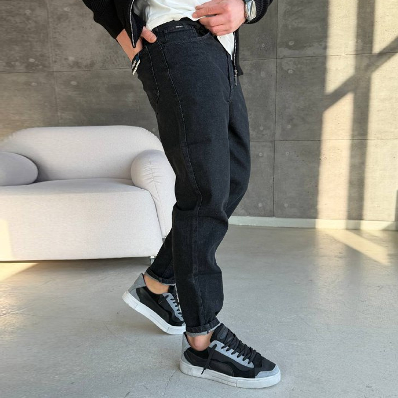 Джинси Mom меланж нитка чорні 3169