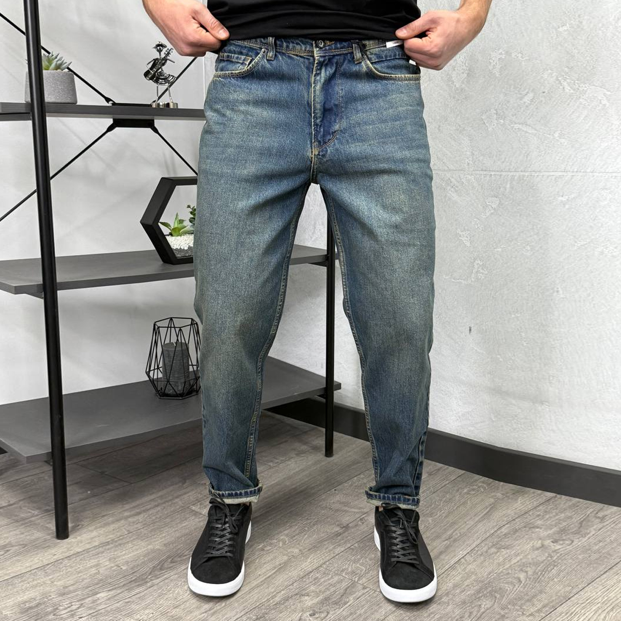 Джинси Mom сині з жовтою потертістю 2703