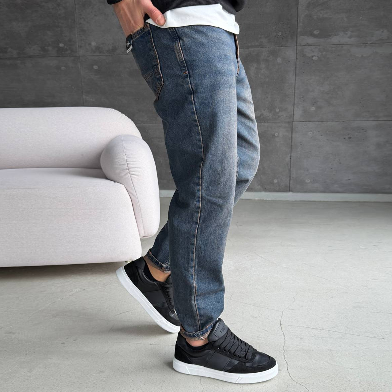 Джинси Mom сині з жовтим відтінком потерті 3055