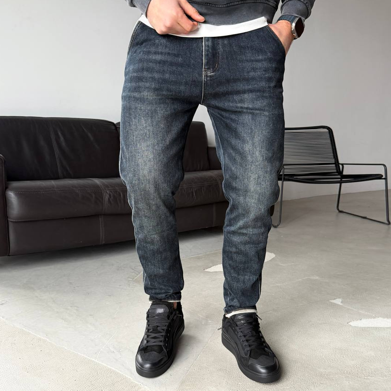 Джинси синьо-сірі з потертостями фліс 8573