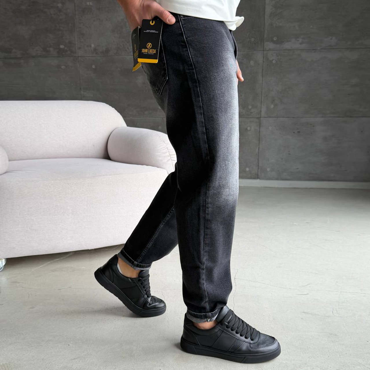 Джинси Mom чорно-сірі з потертостями 408