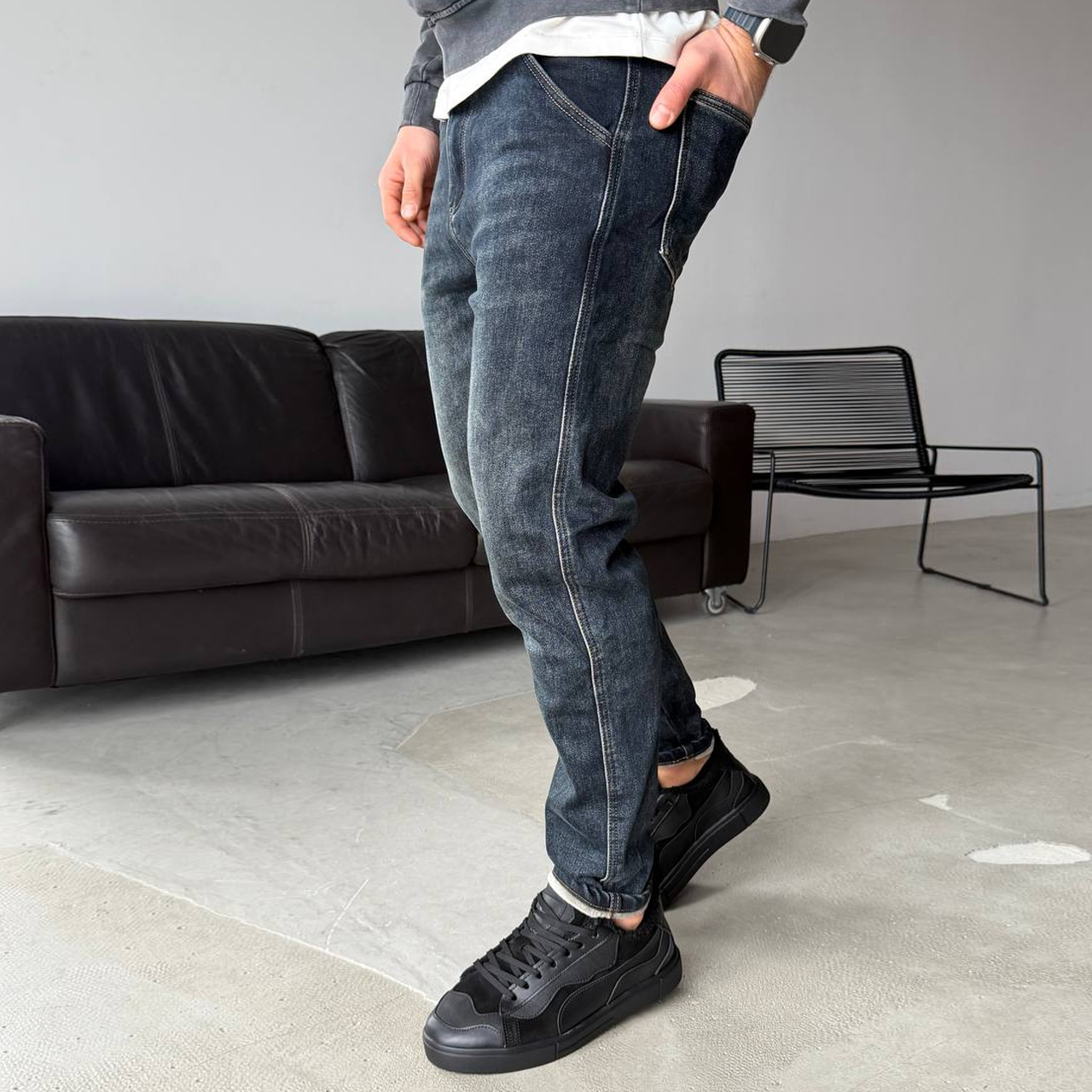 Джинси синьо-сірі з потертостями фліс 8573