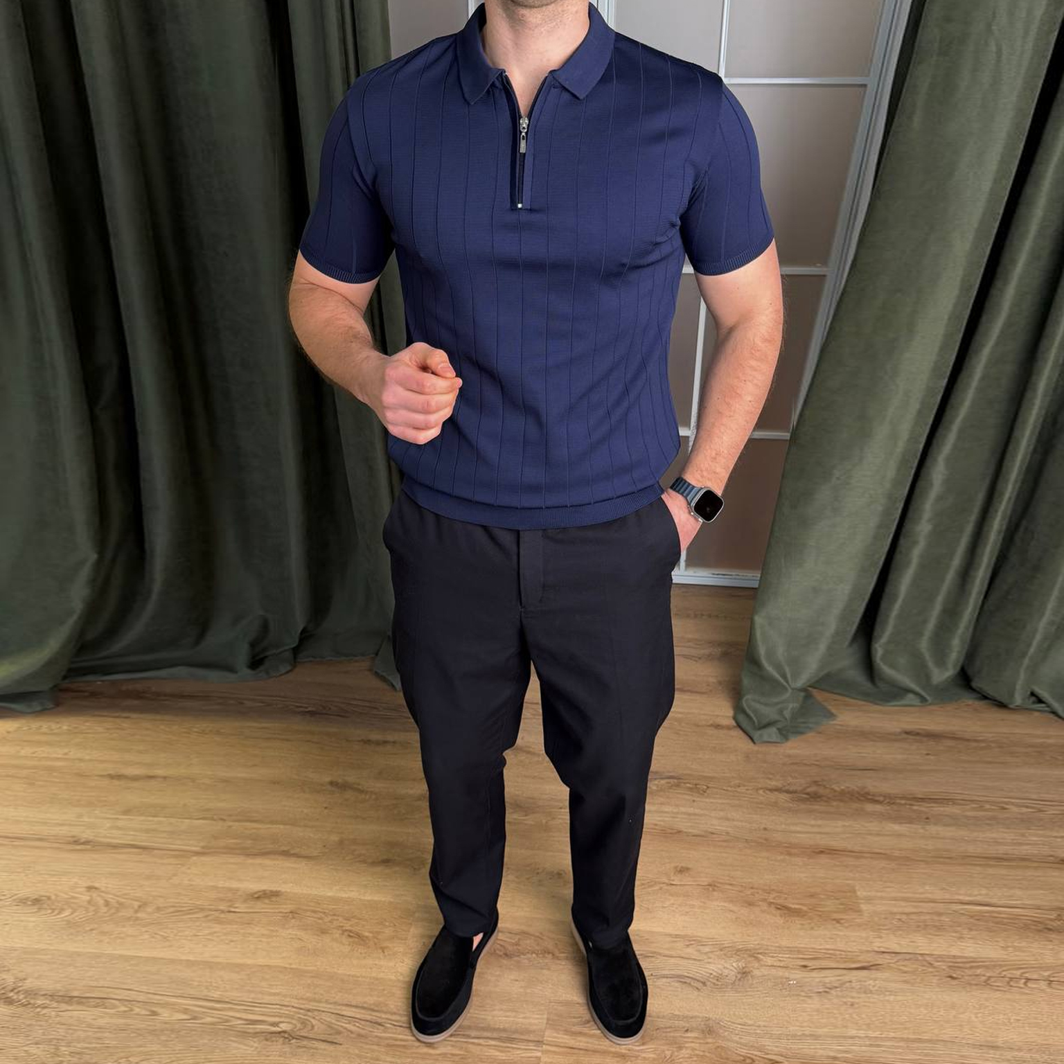 Футболка з коміром синя 7298-5