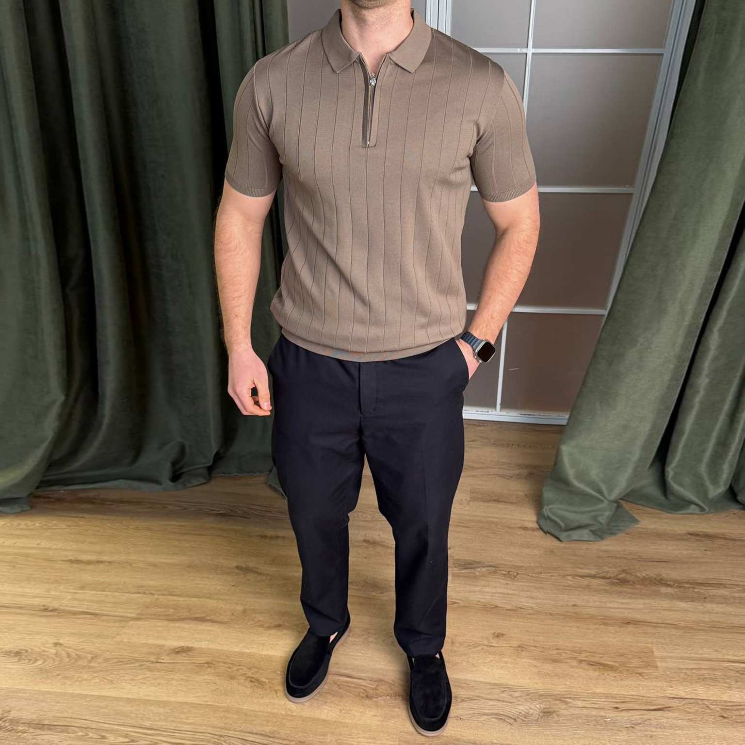 Футболка з коміром бежева 7298-1