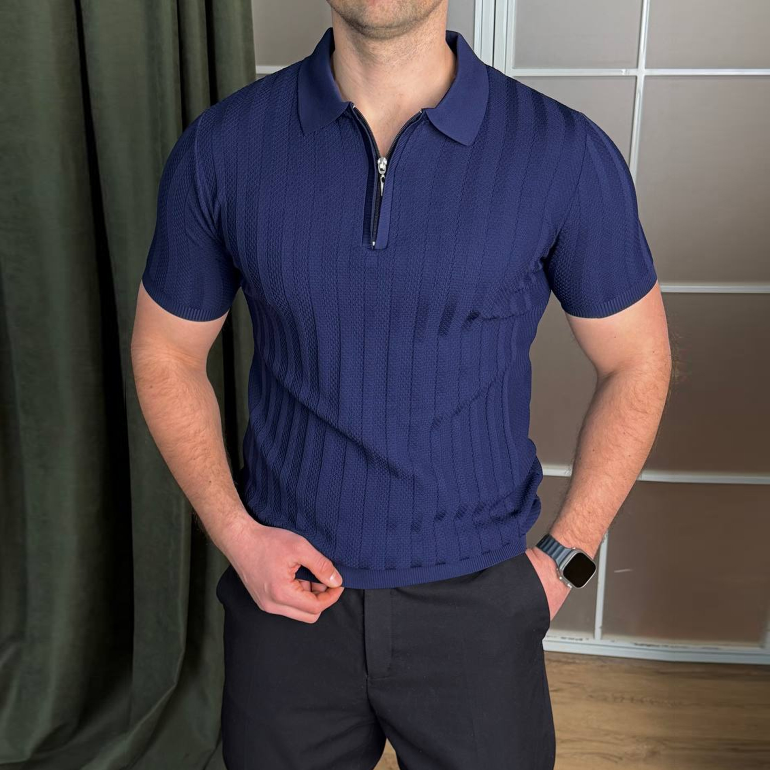 Футболка з коміром текстурна синя 7458-3