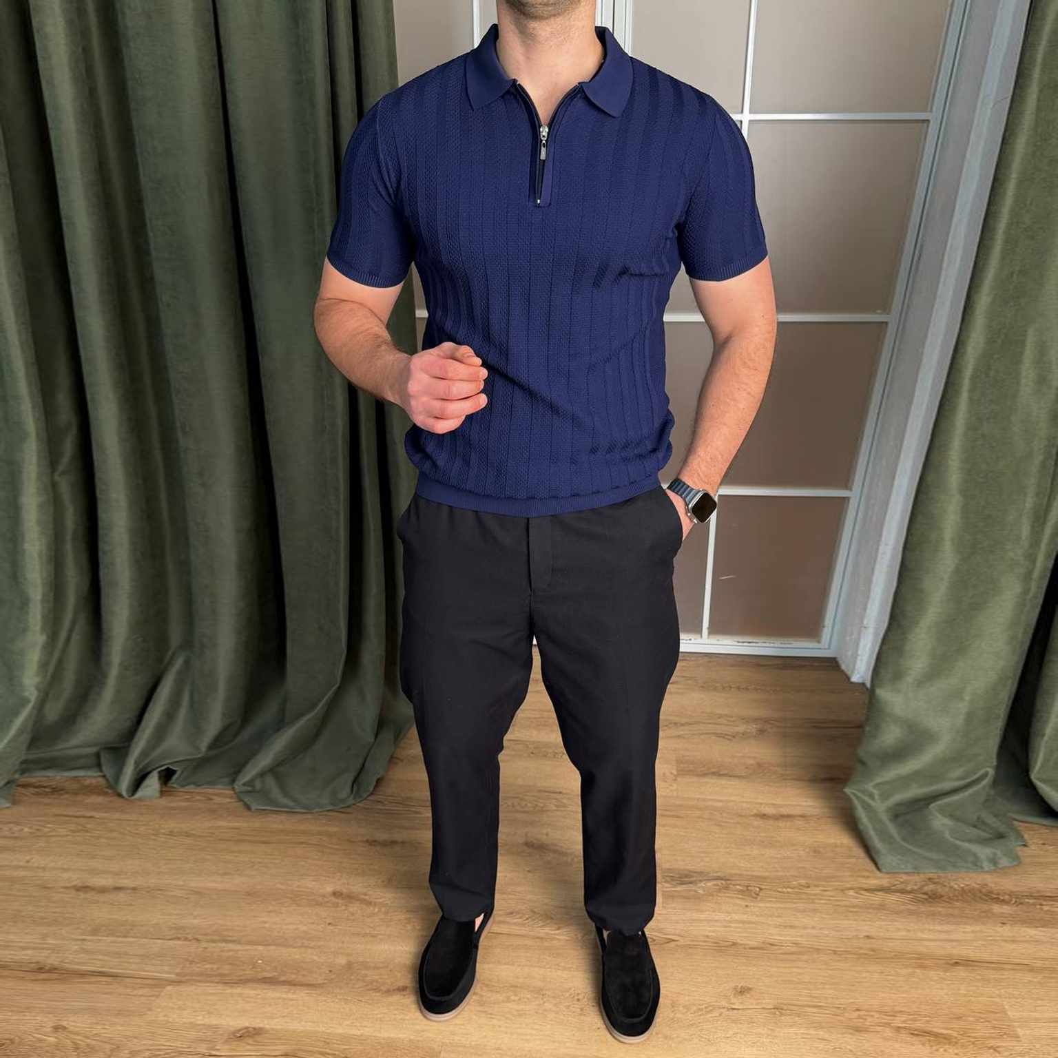 Футболка з коміром текстурна синя 7458-3