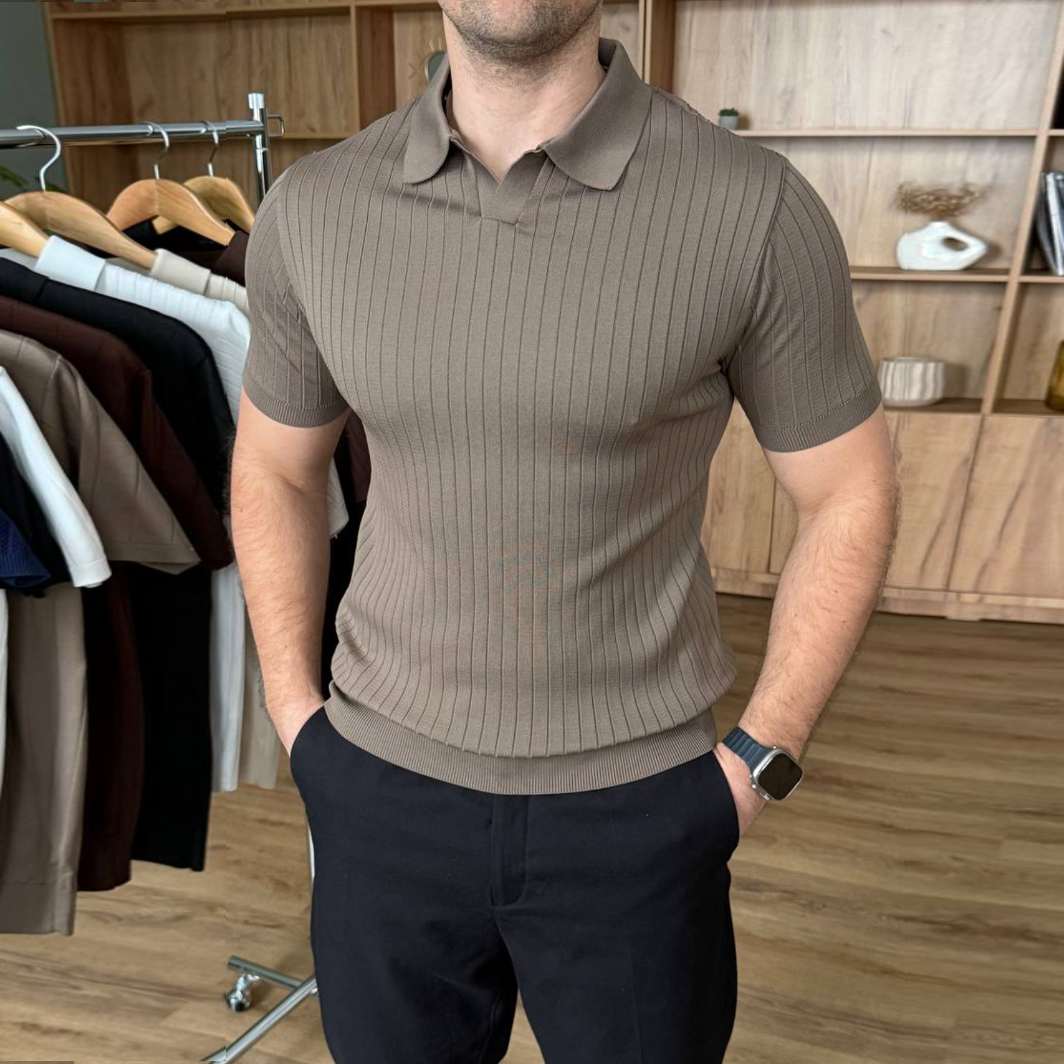 Футболка з коміром в рубчик бежева 7461-3