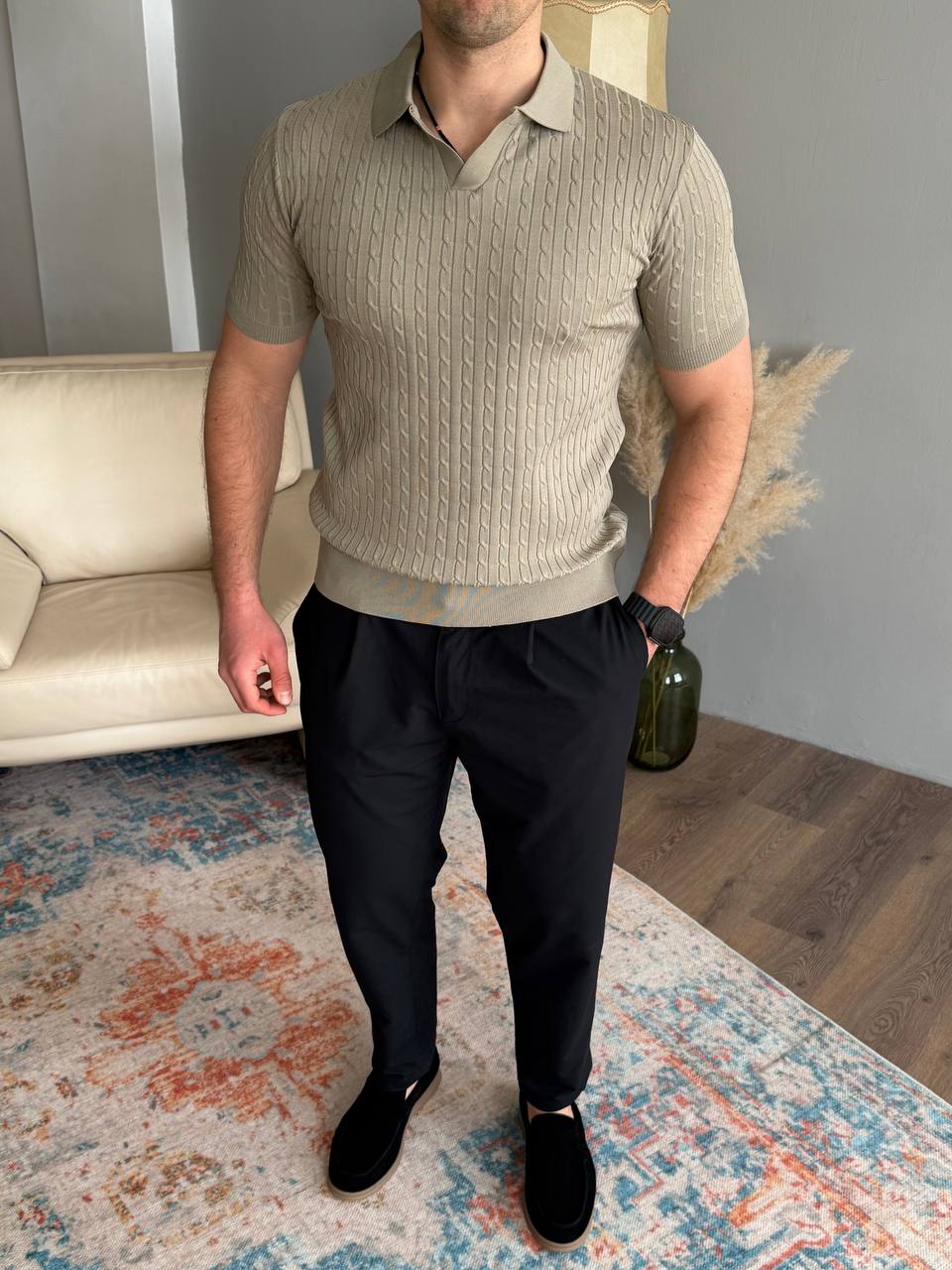 Футболка, комір кутом, в косичку, бежева 7472-3