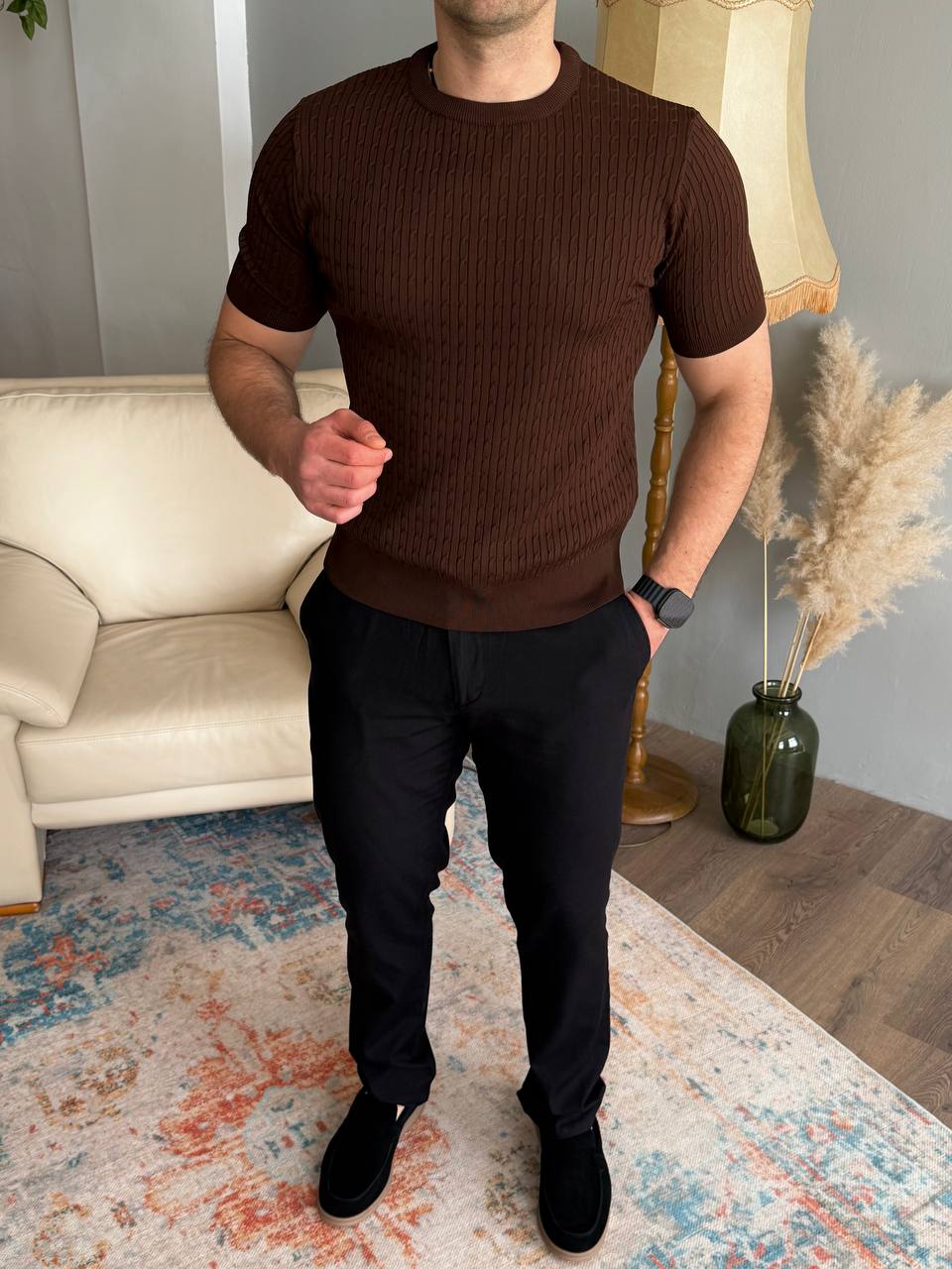 Футболка з верт. рубчик в косинку, коричнева 7468-1