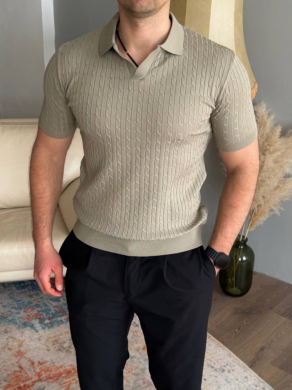 Футболка, комір кутом, в косичку, бежева 7472-3