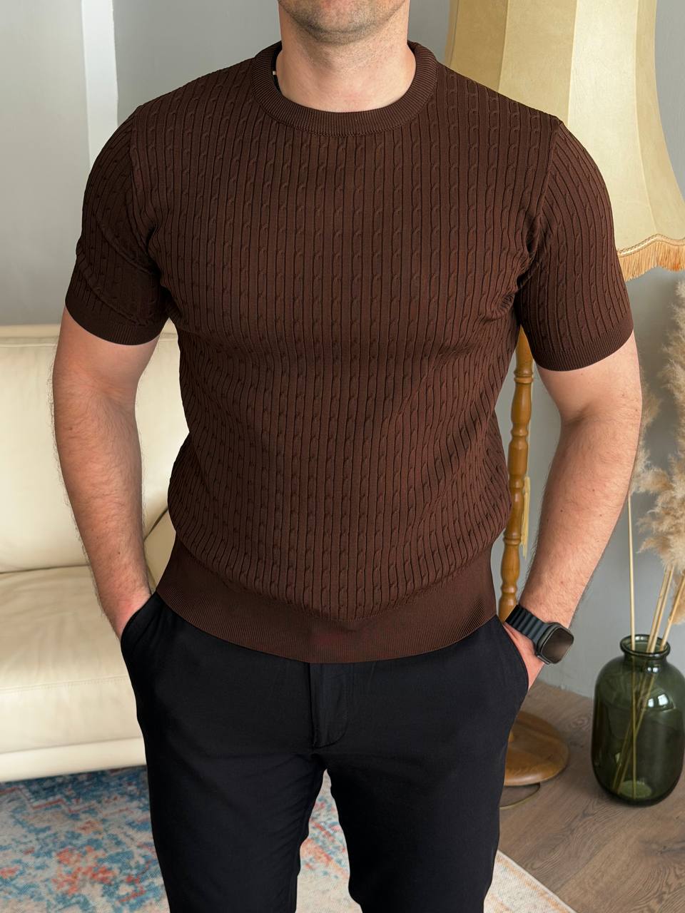 Футболка з верт. рубчик в косинку, коричнева 7468-1