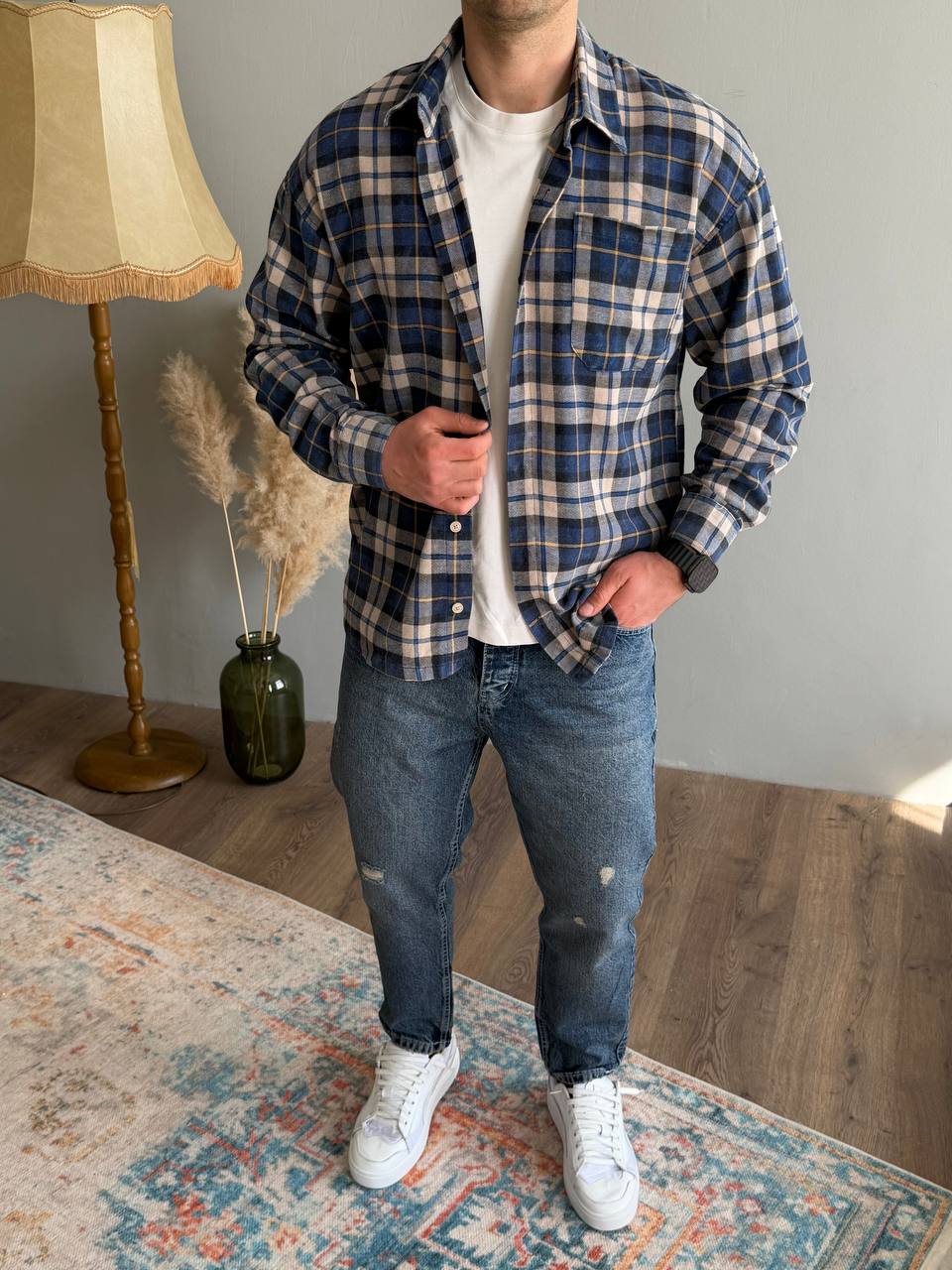 Сорочка HARD в клітинку синьо-бежева 1729-1