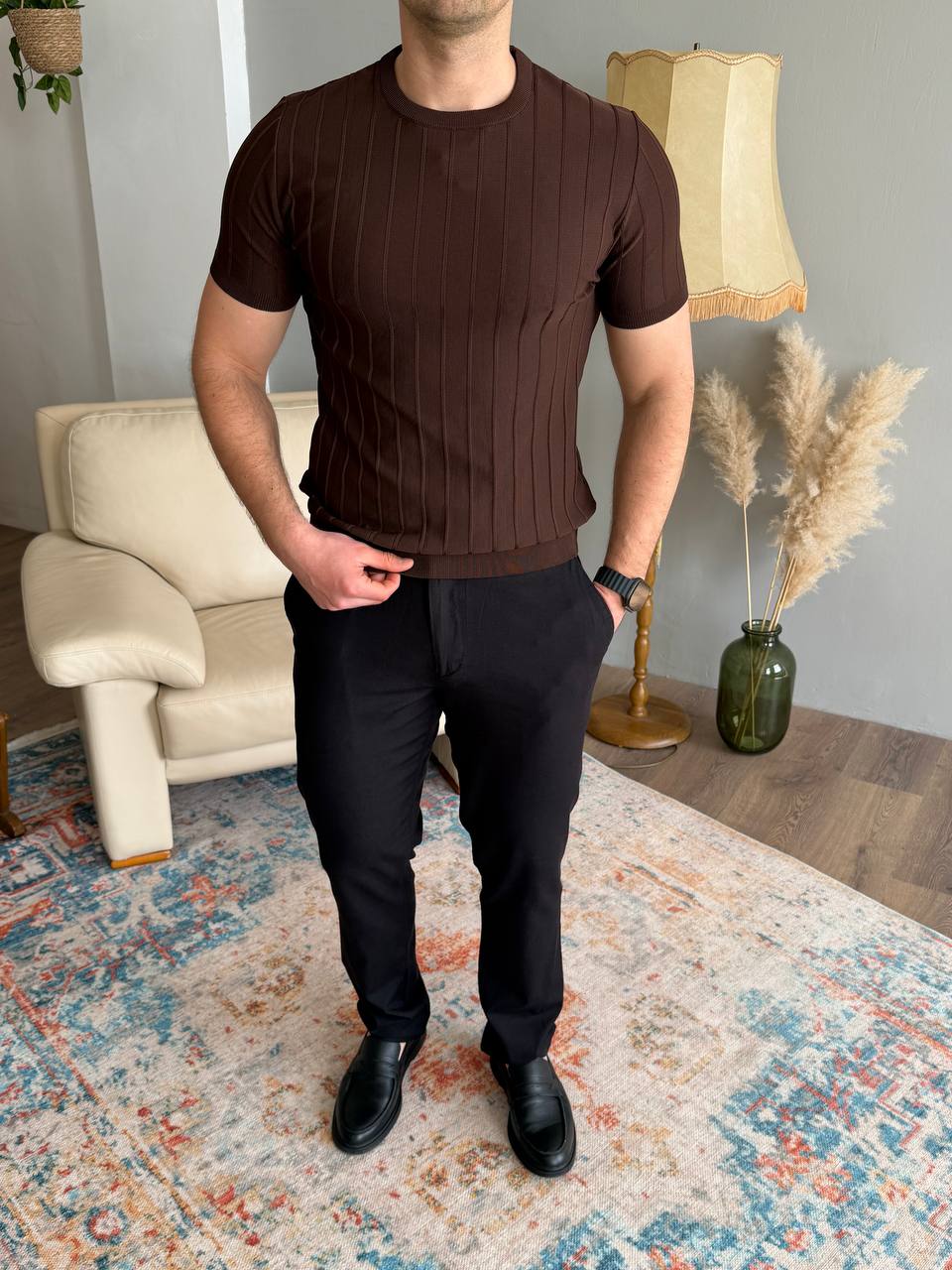 Футболка без коміра, крупний рубчик, коричнева 5684-1