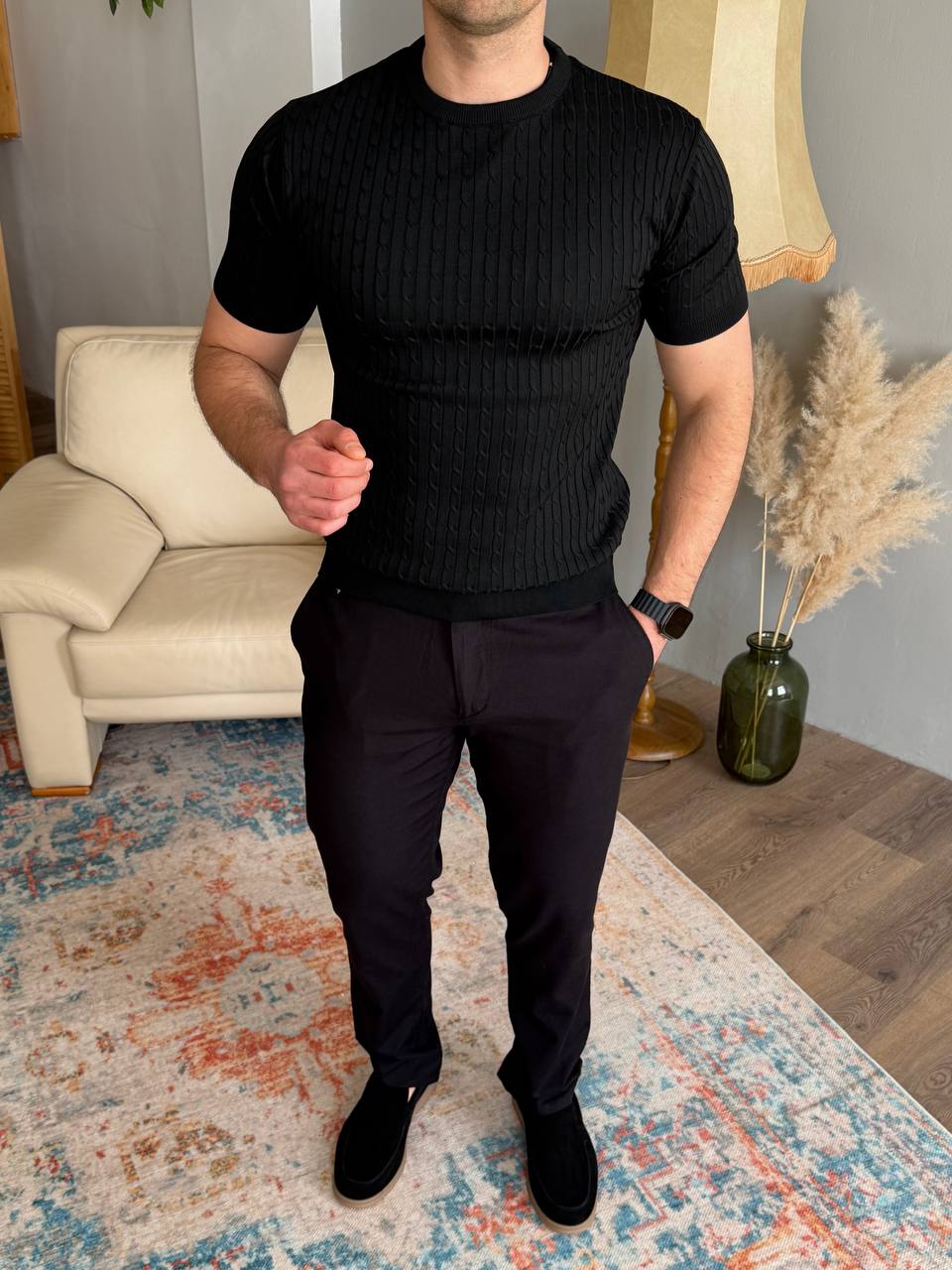 Футболка з верт. рубчик в косинку, чорна 7468-2