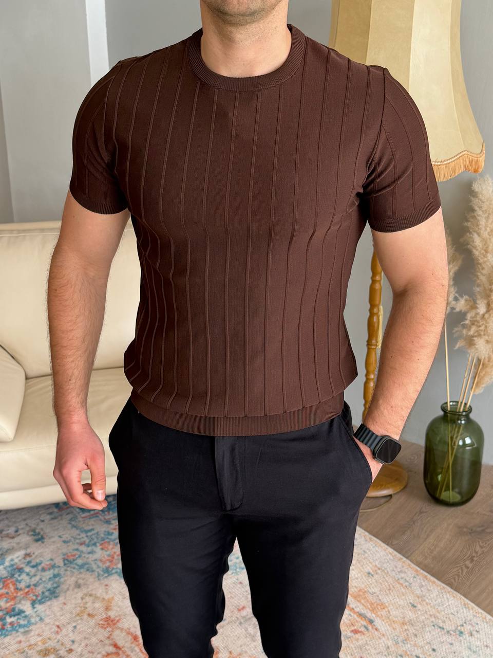 Футболка без коміра, крупний рубчик, коричнева 5684-1