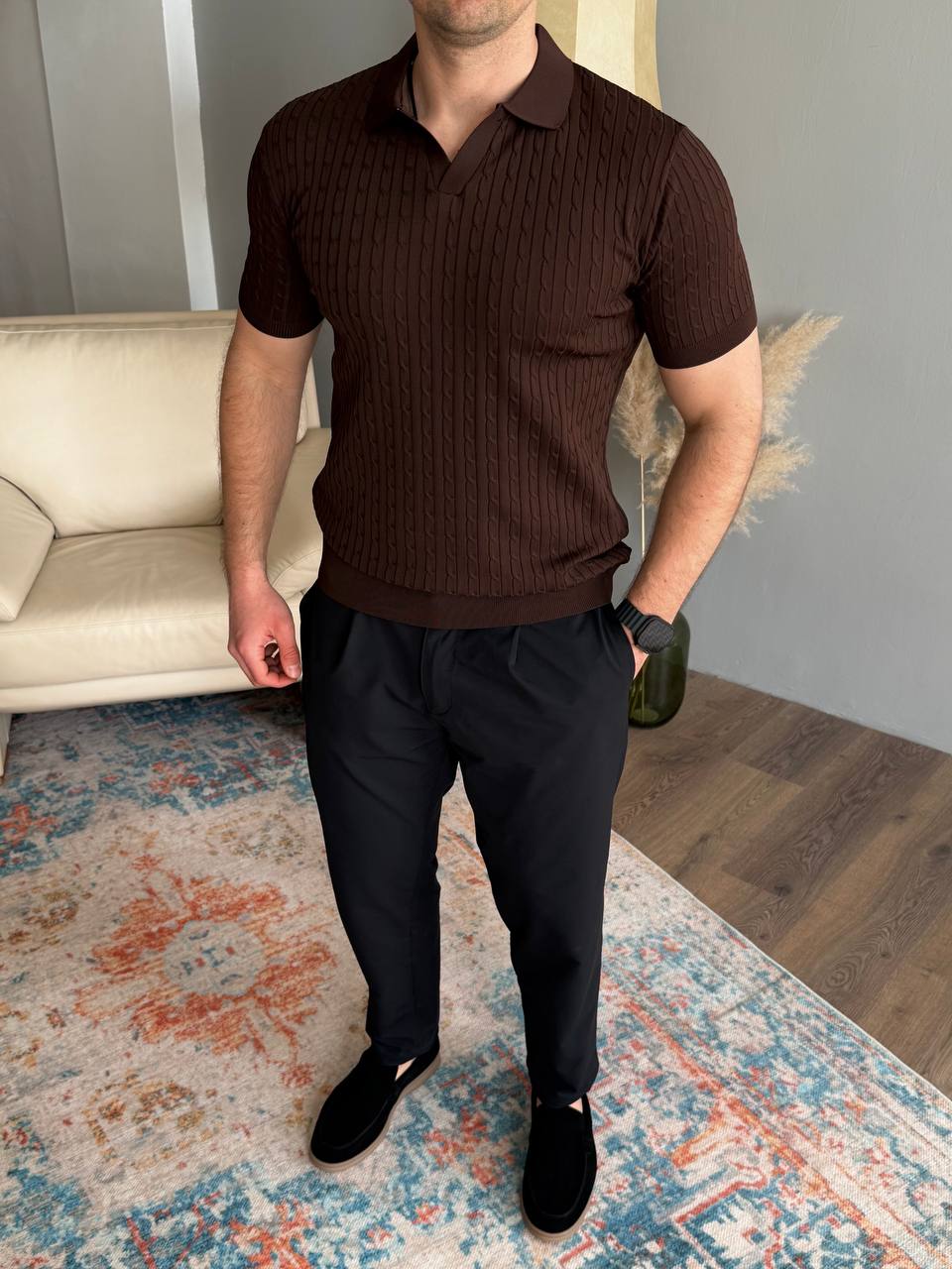 Футболка, комір кутом, в косичку, коричнева 7472-2