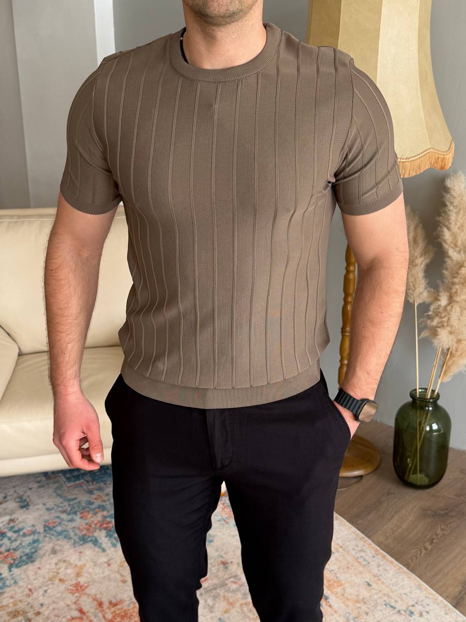 Футболка без коміра, крупний рубчик, кофейна 5684-3