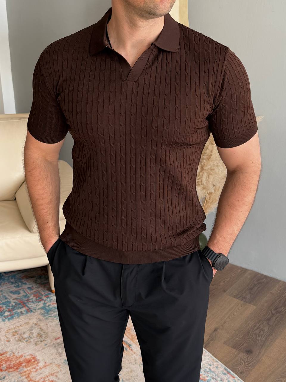 Футболка, комір кутом, в косичку, коричнева 7472-2