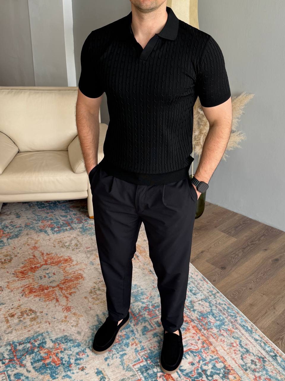 Футболка, комір кутом, в косичку, чорна 7472-1