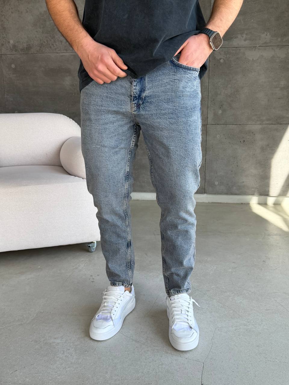 Джинси Mom блакитні з жовтою потертістю 6512