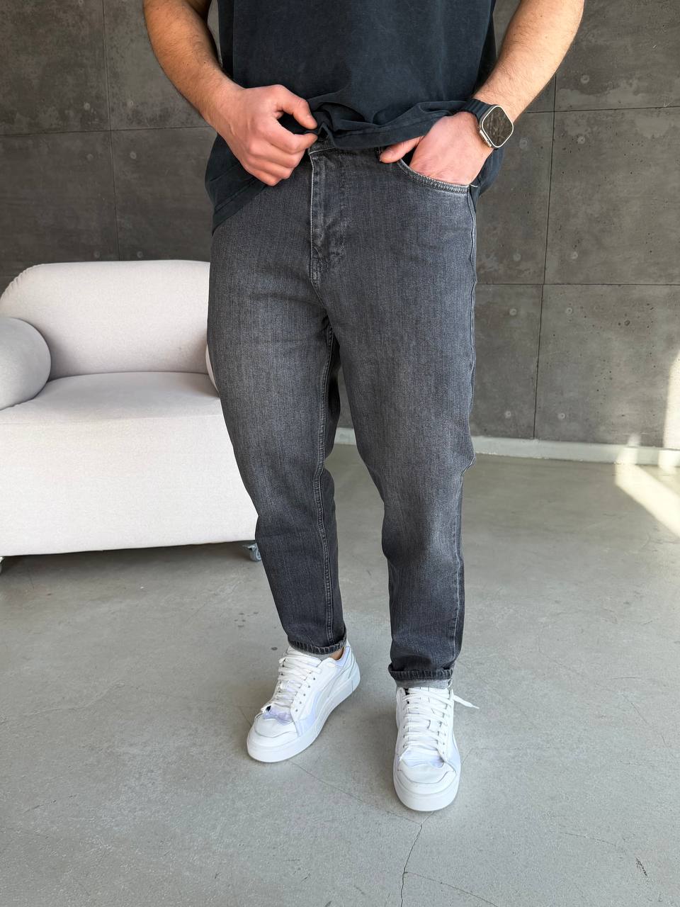 Джинси Mom середній сірий з легкою потертістю 6478